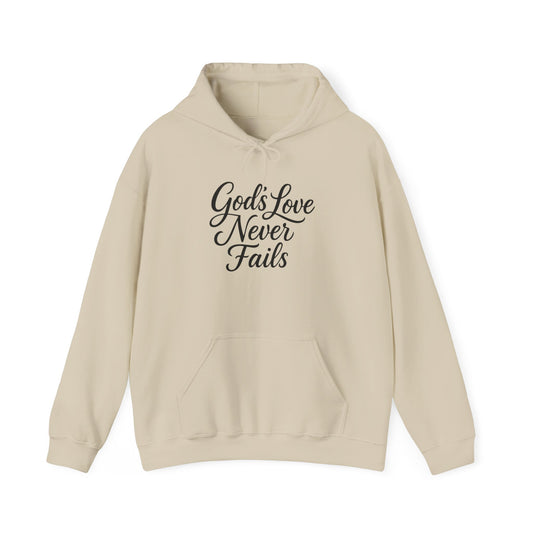 God’s Love Never Fails Hoodie — Inspirational Christian Faith Sweatshirt